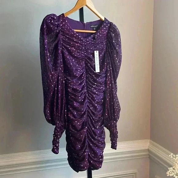 NWT For Love and Lemons Mini Dress sequin purple long sleeve - Picture 2 of 7